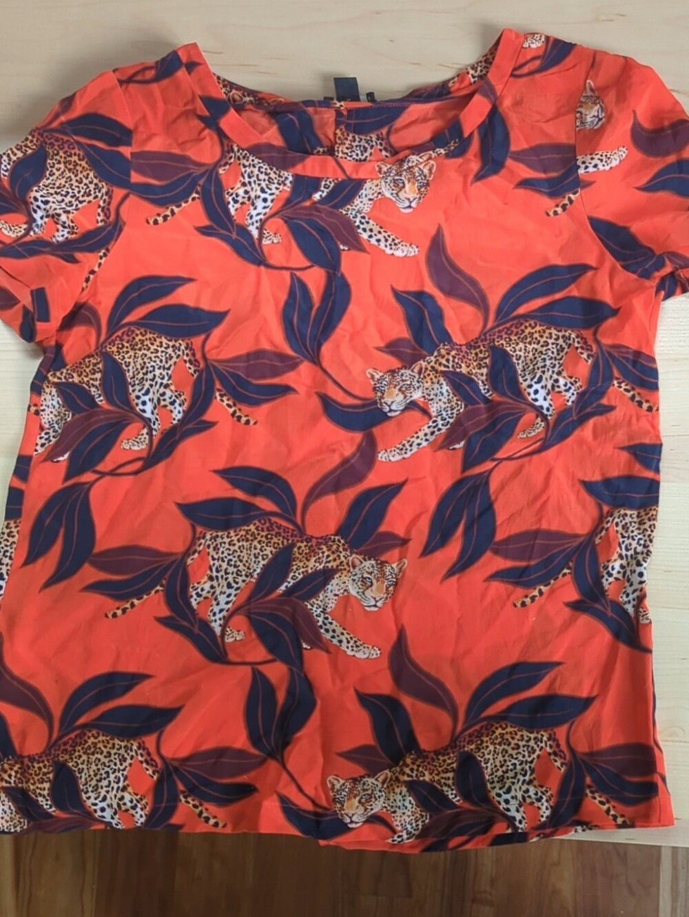 Ann Taylor Silk Orange Tee with Leopard & Navy Leaf Print